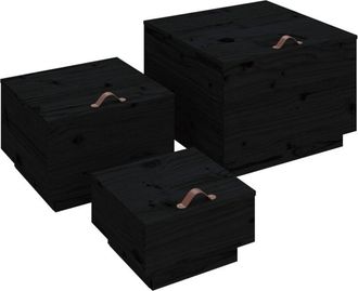 vidaXL Storage Boxes with Lids 3 pcs Black Solid Wood Pine Vidaxl
