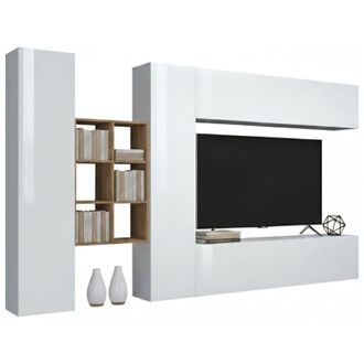 Dmora Dmora - Parete attrezzata Agna, Set salotto porta tv a 4 ante, Mobile soggiorno multiuso, 100% Made in Italy, cm 280x30h180, Bianco lucido e Acero