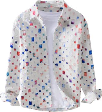 Generic Mens Casual Shirt Plaid Ripped Printed Long-Sleeved Shirt Button Down Lapel Collar Jacket White