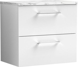 Nuie Arno Wall Hung 2-Drawer Vanity Unit with Carrera Marble Worktop 600mm Wide - Gloss White - Nuie