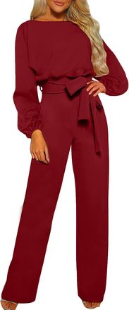 Generic Flodxo Jumpsuits for Women UK Elegant Casual Crew Neck Long Sleeve Overalls Belted Loose Wide Leg Pants Clubwear Baggy Long Playsuits Plus Size Solid 