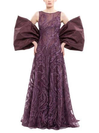 Saiid Kobeisy Bateau Neckline Embroidered Long Dress With Oversized Cape