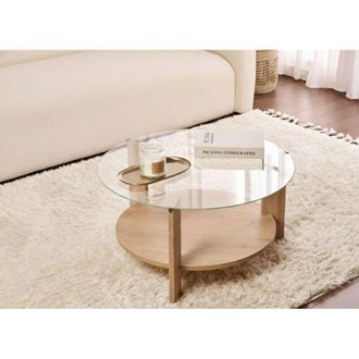 Dmora Mesa De Centro Canevino, Forma Redonda, Tapa De Vidrio, Color Transparente, 75x75x40h Cm, Roble Marr&oacute;n