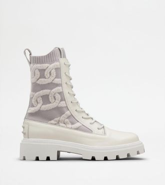 Tod's Kate Combat Boots in Fabric and Leather