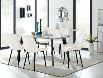 Furniturebox Andria White Marble Effect & Black Leg 6 Seater Dining Table & 6 Pesaro Soft Velvet Chairs in Cream