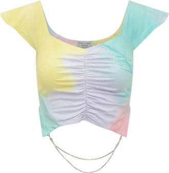 Collina Strada Geknipte V-Hals Tie Dye T-Shirt met Rhinestone Tribal Patroon - Dames - T-shirts - Veelkleurig - L - Tops