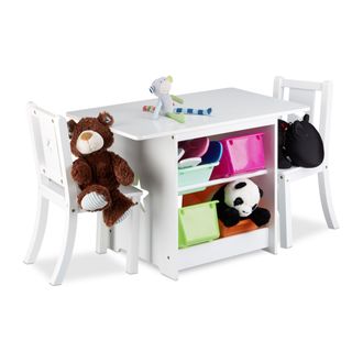 Relaxdays Relaxdays - Mobili Per Bambini Albus Con Contenitore, 1 Tavolino E 2 Sedie In Legno Tavolo Per Cameretta Dei Bimbi, Bianco