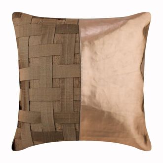 OEM Funda De Almohada, Funda De Almohada Color Cobre, Piel Sint&eacute;tica Met&aacute;lica Con Estampado Azul, Patchwork De Seda Cuadrado De 24x24 Pulgadas - Mitad Cob