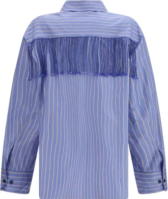 Andamane Womens Miley Fringed Oversized Shirt Light Blue-Saffron Cotton Blue/saffron