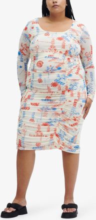 Ganni White Ruched Mesh Midi Dress - Size 32 Nylon