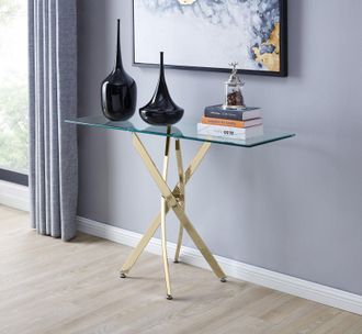 Furniturebox Leonardo Rectangular Glass Console Table with Metal Angled Starburst Legs for Modern Living Room in Gold