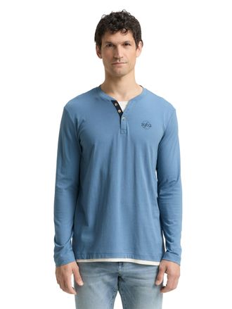 Tom Tailor Langarmshirt TOM TAILOR, Herren, Gr. XXL, faded uniform blau, Single Jersey, Obermaterial: 100% Baumwolle, kontrastfarbene Details, unifarben, regular