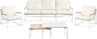 Beliani Garden Sofa Set White and Beige Steel Powder Coated 5 Seater with Armchairs Cushions Two Coffee Tables Modern Design Outdoor Conversation Set VENARIA