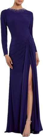 Mac Duggal Long Sleeve Jersey Ruched Gown With Beaded Neck in Indigo at Nordstrom, Size X-Small