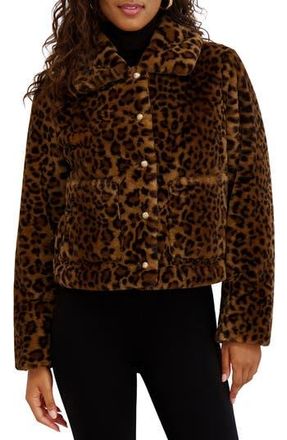 Kensie Leopard Print Faux Fur Short Jacket in Brown Leop at Nordstrom Rack, Size Large