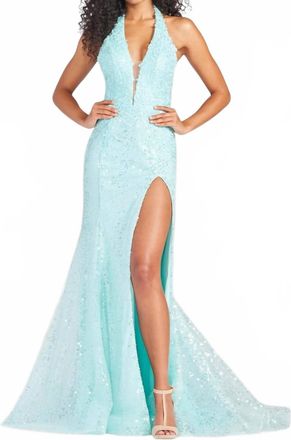 Mon Cheri Sequin Halter Gown In Turquoise