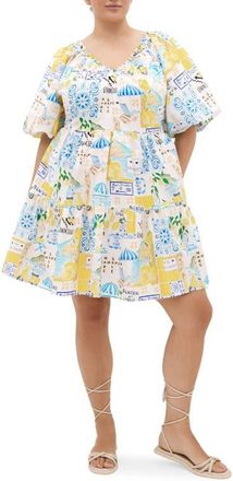 City Chic Fantasy Amalfi Print Tiered Minidress in Amalfi Coast at Nordstrom, Size Xxxs