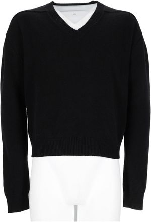 Rick Owens Cropped Black V-Neck Sweater With Ribbed Detailing