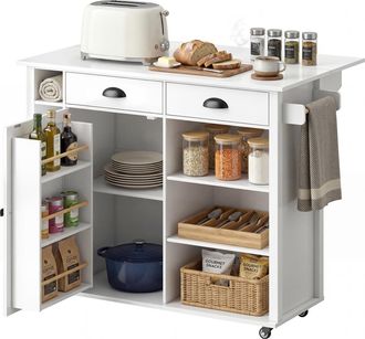HOMCOM Homcom Isla De Cocina Con Tablero Plegable, Ruedas, Especiero, Estantes En La Puerta, Armario, 2 Cajones, Estantes Abiertos, 117,5x70x91 Cm, Blanco