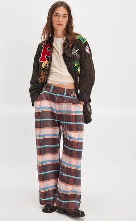 Free People Buckle Back Plaid Bold Trousers In Brown Combo
