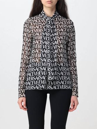 Versace All-Over Logo Bow Strap Silk Blouse In Black/white