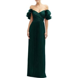 After Six Ruffle Off the Shoulder Metallic Column Gown in Evergreen Metallic at Nordstrom, Size Xx-Large
