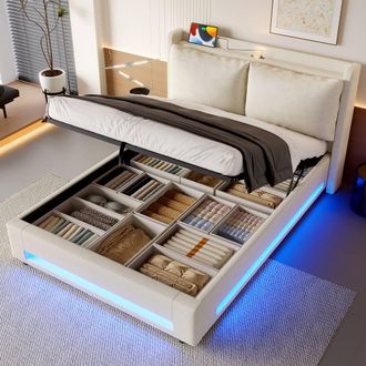Direct Wicker Velvet Upholstered King Storage Bed Frame with Hydraulic Lift System in Beige