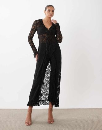 Lioness Long Nights - Top kimono in pizzo nero trasparente