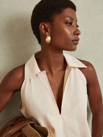 Reiss Layla Neutral Open-collar Cotton Blend Sleeveless Top, 10, Cream