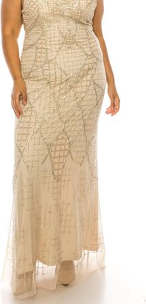 Aidan Mattox Crisscross Back Beaded Evening Gown In Champagne