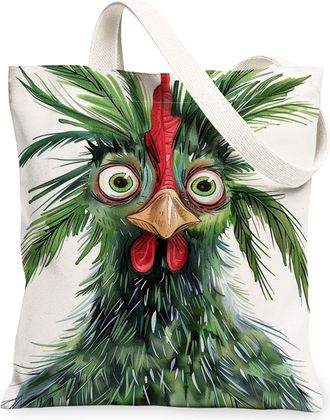 Generic Fanciful Green Animal Canvas Tote Bags, Bird Design Lightweight Washable Reusable Grocery Bags for Travel Outdoor Beach Pi, Green, 13x15 Inch