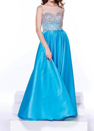 Nox Anabel Long Satin Beaded Dress In Turquoise