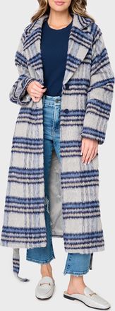 En Saison Demi Long Sleeves Coat In Navy Plaid