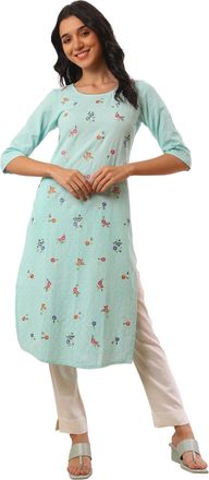 Aurelia Aurelia Womens Solid Zari Pure Cotton Straight Kurta, Blue, M