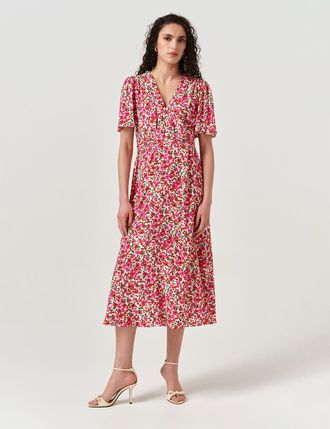Ghost London Jess Crepe Floral Midi Tea Dress in Red Floral at Nordstrom, Size 10