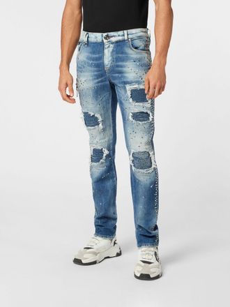 Philipp Plein Jeans slim fit in denim stretch effetto usurato con logo Hexagon
