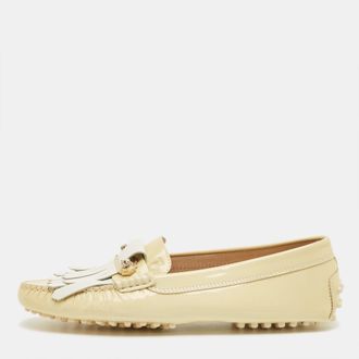 Tod's Tods Beige/white Patent Leather Buckle Detail Fringe Loafers