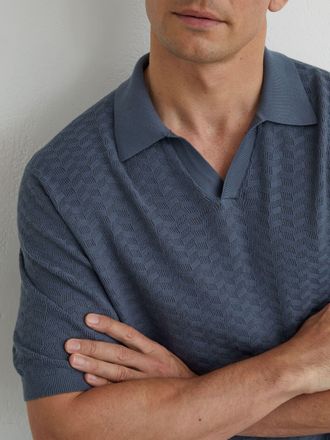 Reiss Airforce Blue Textured-knit Open-collar Polo Shirt, Xxl