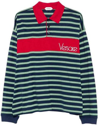 Versace Striped Cotton Polo Shirt With Logo Intarsia