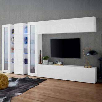 Dmora Dmora - Pared Equipada Dbenal, Conjunto De Sal&oacute;n Mueble Tv Con 5 Puertas, Mueble De Sal&oacute;n Polivalente, 100% Made In Italy, Cm 340x30h180, Blanco Brill