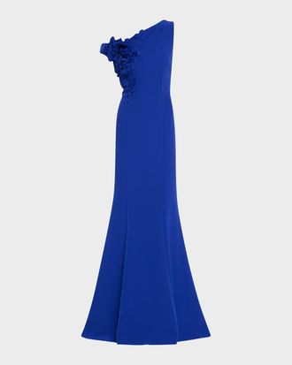 Teri Jon One-Shoulder Floral Applique Crepe Mermaid Gown