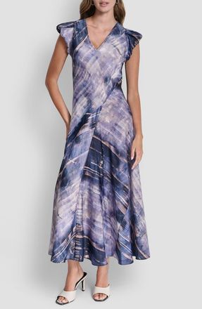 DKNY Puff Sleeve Satin Maxi Dress in Hudson Lights at Nordstrom, Size X-Large