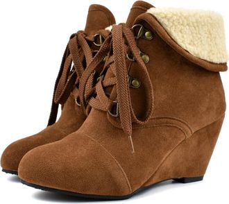 Generic Womens Wedge High Heel Ankle Snow Boots Round Toe Lace Up Comfort Retro Winter Warm Shoes (7.5,Yellow)