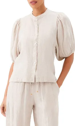 Karen Kane Puff Sleeve Linen Button-Up Top in Oatmeal at Nordstrom, Size X-Large