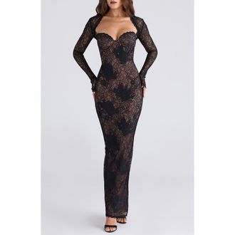 House of CB Lucienne Strapless Stretch Lace Gown with Bolero in Black at Nordstrom, Size X-Small A