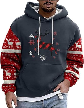 Generic Mens Christmas Hoodie Sweatshirt Mens Christmas Print Hooded Long Sleeve Hoodies Top Funny Christmas Jumpers Santa Festive Sweatshirt Xmas Party Hoode