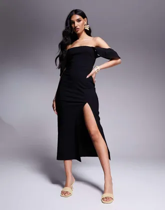 Vesper bengaline square neck ruffle sleeve side split midaxi dress in black