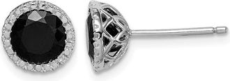 Diamond2Deal Sterling Silver Rhodium-plated Black Sapphire & Diamond Stud Earrings
