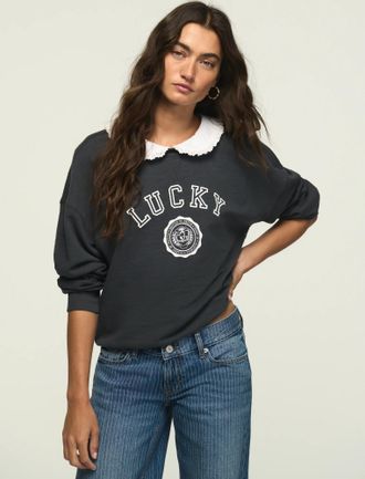 Lucky Brand Womens Peterpan Collar Graphic Crew