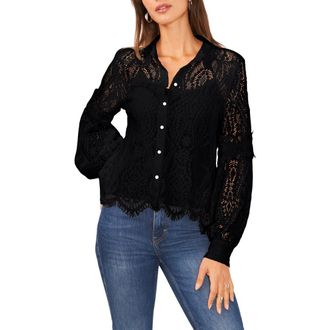 Vince Camuto Embroidered Lace Button-Up Blouse in Rich Black at Nordstrom, Size Xx-Large